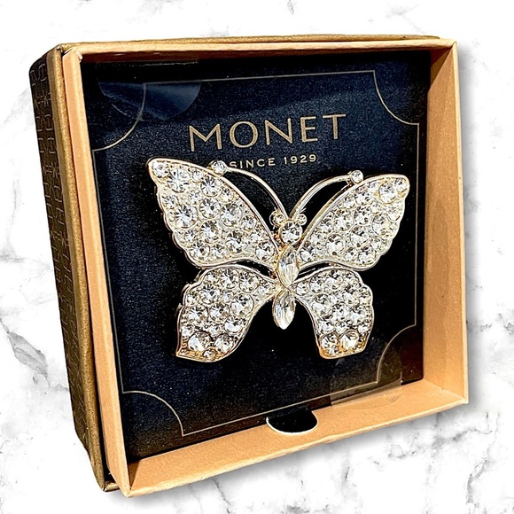 NIB Beautiful Monet Gold Crystal Butterfly Rhinestone Sparkly Brooch - Picture 2 of 2